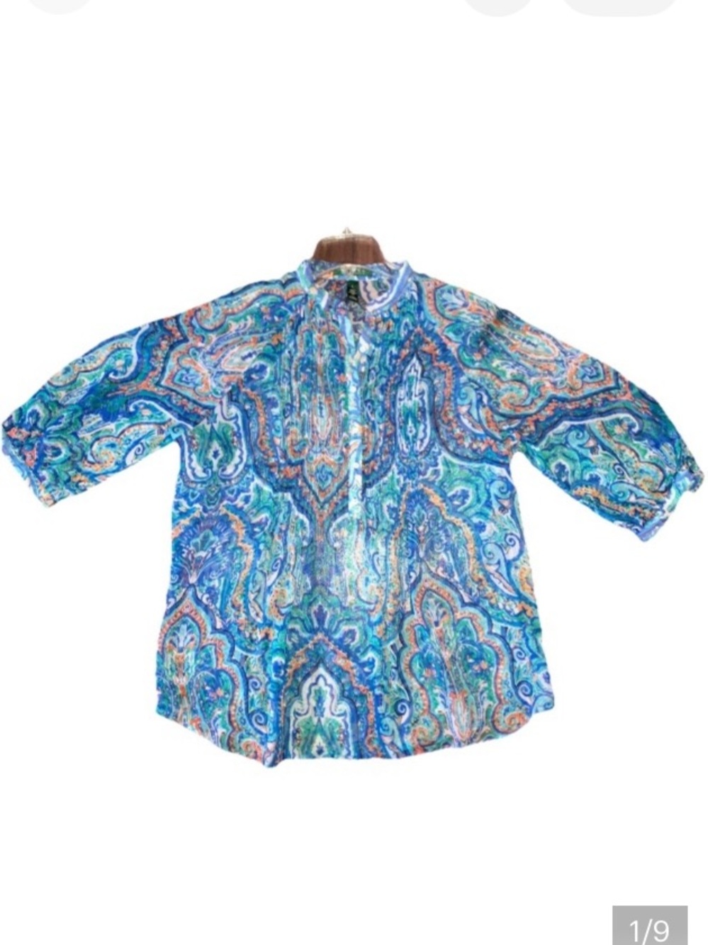 Ralph Lauren Women’s Blue Paisley Half Sleeve Pleated Chiffon Poets Blouse Large